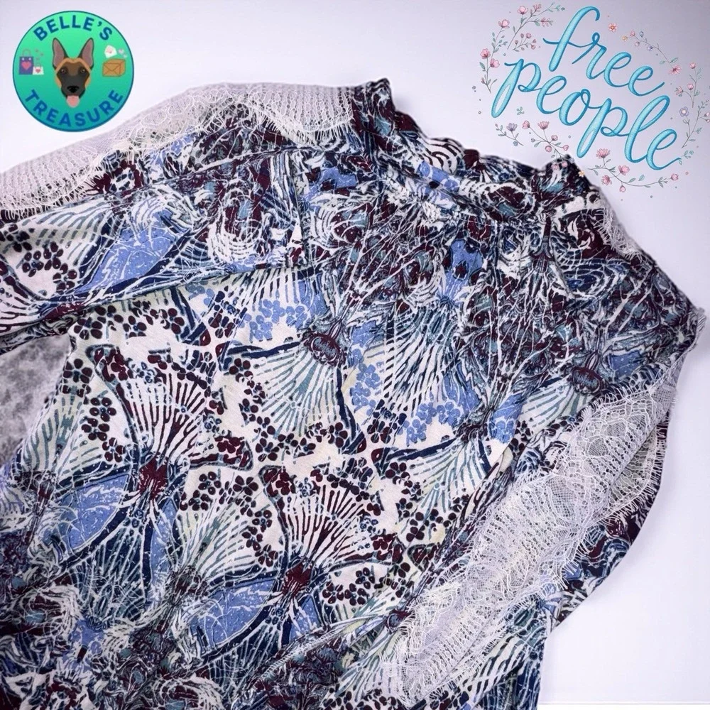 Free People Top Womens XS Tunic Snow Combo Lace Trim Floral Printed Keyhole Back